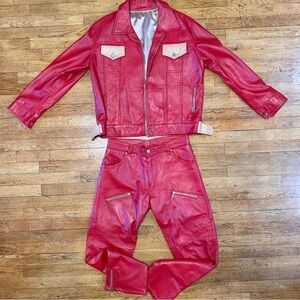 🔥 Men’s custom red genuine leather & genuine crocodile two-piece outfit !